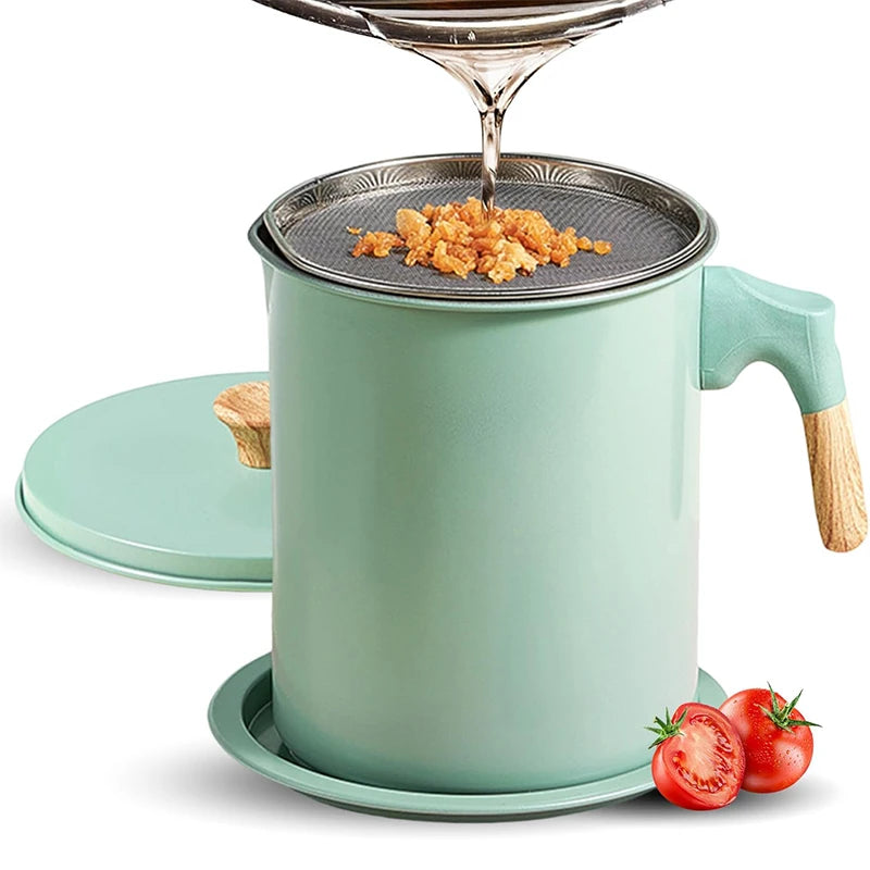 LMETJMA Bacon Grease Container with Strainer 1.4L Stainless Steel Oil Filter Pot Cooking Oil Storage Pot with Strainer JT403
