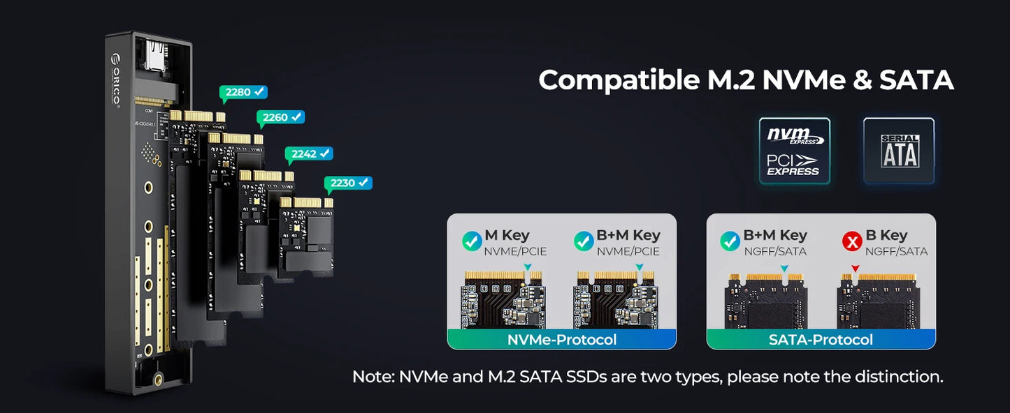 ORICO M2 NVMe SSD Enclosure 10Gbps PCIe M.2 NVMe SATA SSD Case Portable USB C 3.2Gen2 Tool Free External Adapter with Metal Heat