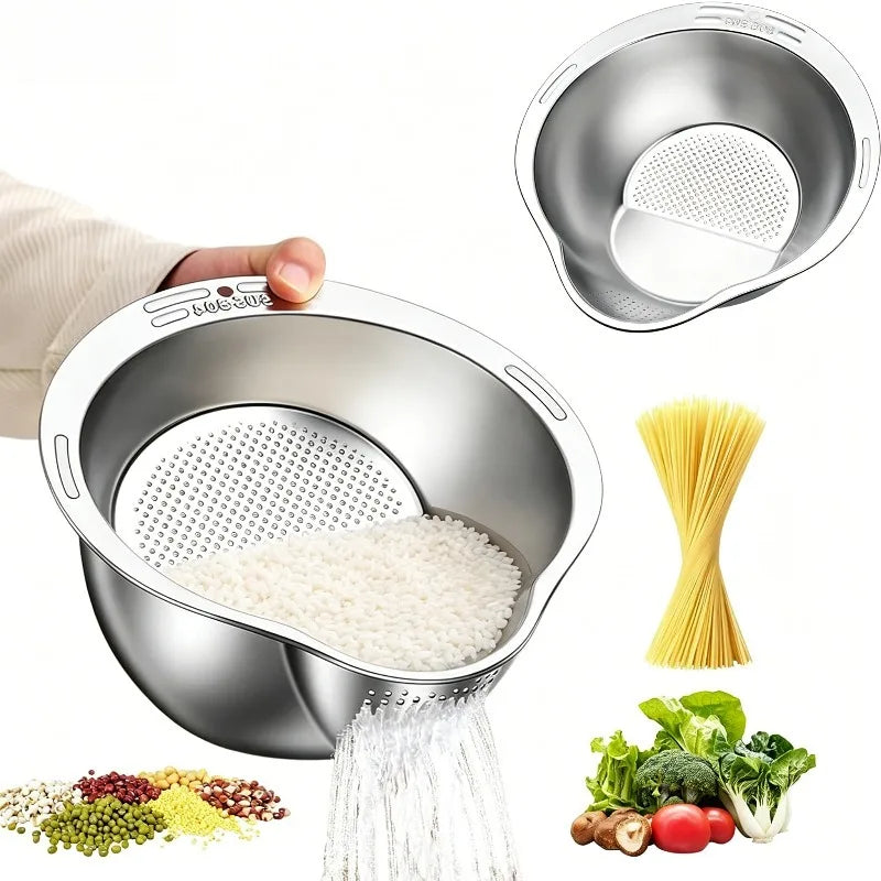 Stainless Steel Rice Bowl with Drain Hole Rice Vegetable Washing Basket Fruit Strainer Colander Basket Kitchen Drain Basket
