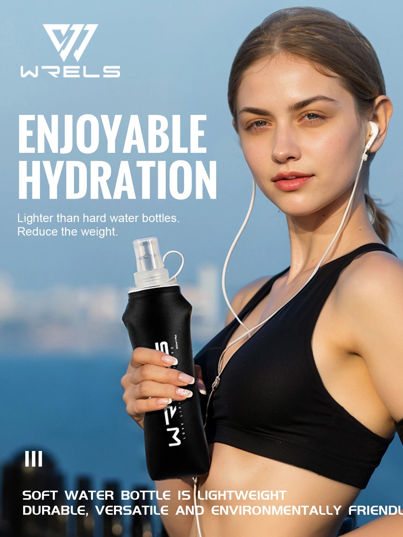 WRELS Sports Water Bottle Large Capacity Motivational Portable Water bottle Outdoor Sport Fitness BPA Free Folding Water Bottle