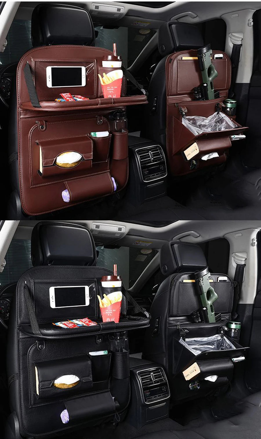 Car Seat Back Organizer with Foldable Table Tray Multi-functional Storage Organizer Pockets Kick Mats Seat Interior Accessories