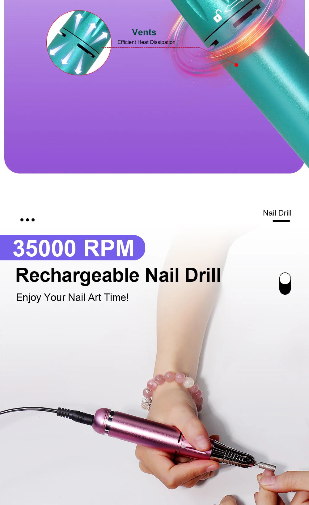 Professional 35000RPM Electric Nail Drill Rechargeable Electric Portable Nail Sander File Low Noise with Polishing Kit Tool