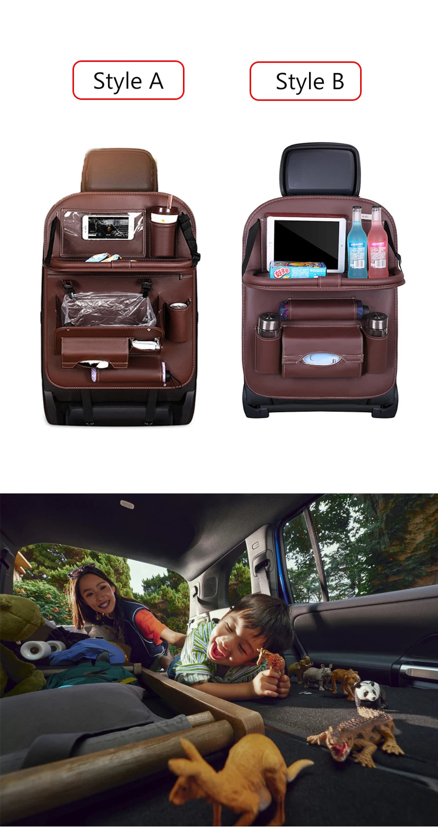 Car Seat Back Organizer with Foldable Table Tray Multi-functional Storage Organizer Pockets Kick Mats Seat Interior Accessories
