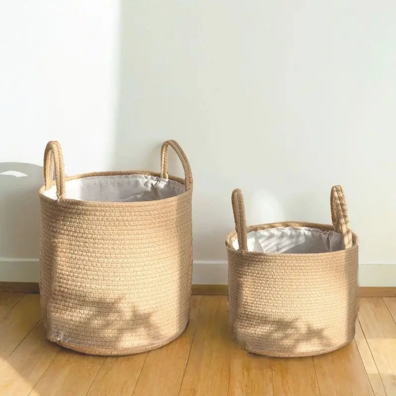 Handwoven Cotton Linen Laundry Basket with Handles, Foldable Storage Bin for Clothes, Toys, Towels, Home Organizer Bucket