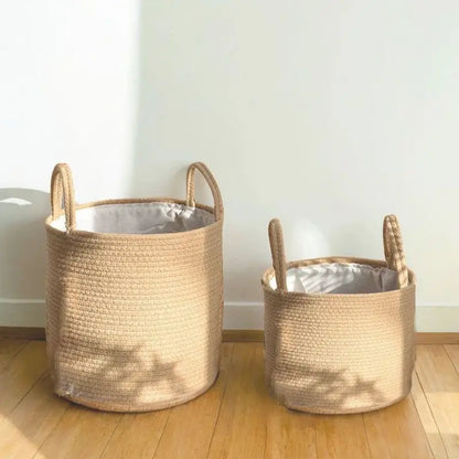 Handwoven Cotton Linen Laundry Basket with Handles, Foldable Storage Bin for Clothes, Toys, Towels, Home Organizer Bucket