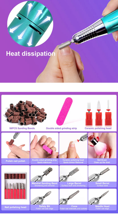 Professional 35000RPM Electric Nail Drill Rechargeable Electric Portable Nail Sander File Low Noise with Polishing Kit Tool