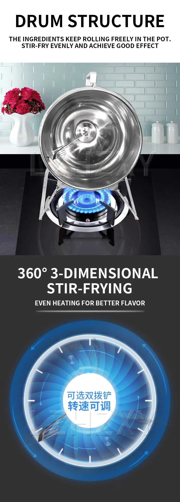 Stainless Steel Stir Fryer, Large Capacity Automatic Flipping and Cooking Machine, Home Outdoor Barbecue, Kitchen