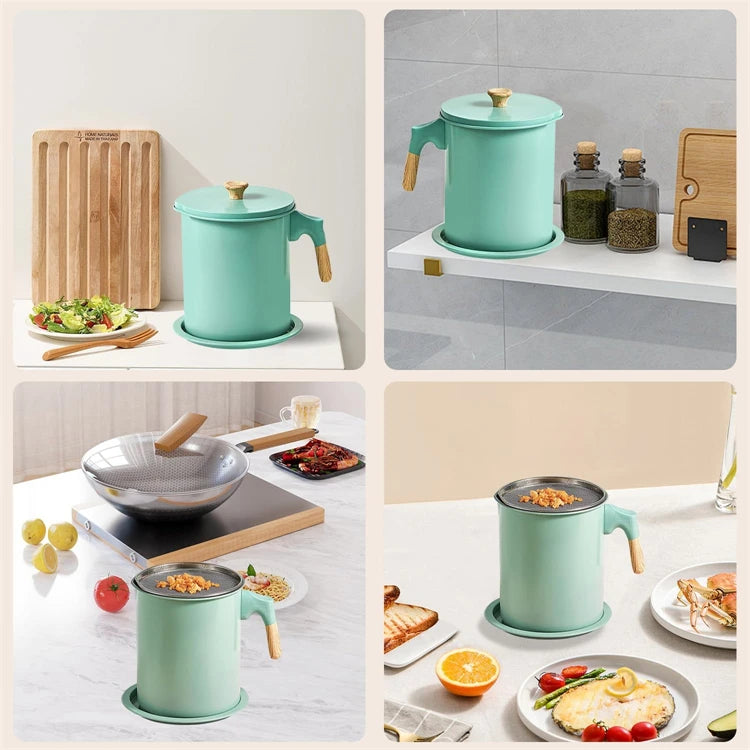 LMETJMA Bacon Grease Container with Strainer 1.4L Stainless Steel Oil Filter Pot Cooking Oil Storage Pot with Strainer JT403