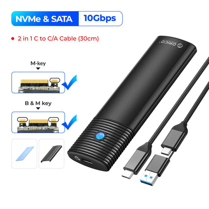ORICO M2 NVMe SSD Enclosure 10Gbps PCIe M.2 NVMe SATA SSD Case Portable USB C 3.2Gen2 Tool Free External Adapter with Metal Heat