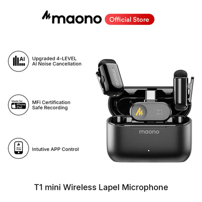 maono T1mini Wireless Lapel Microphone for Phone-Noise Cancellation Auto Clipping Function App Setting Audio Video Recording Mic