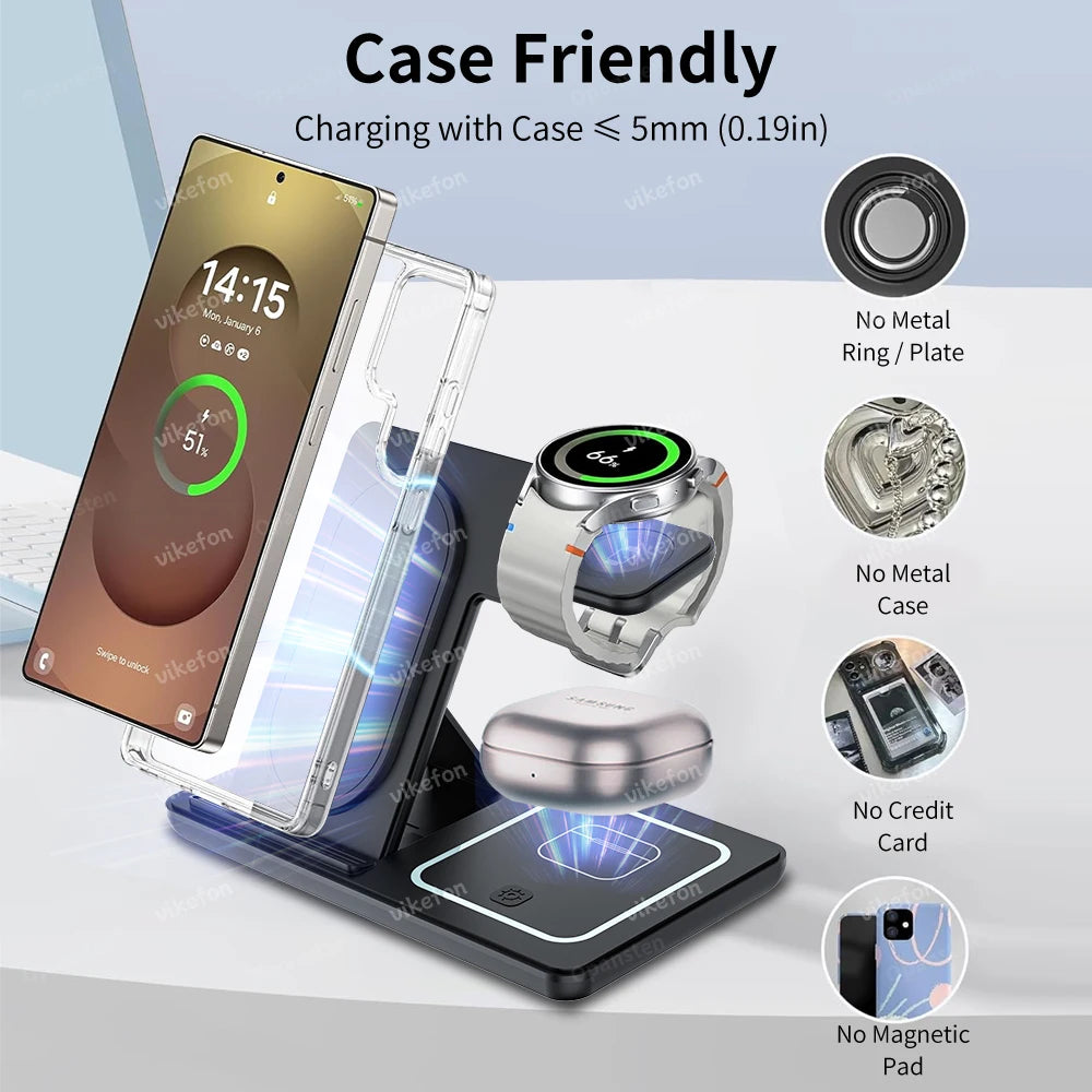 3 In 1 Foldable Wireless Charger Stand LED Fast Charging Station for Samsung S25 S24 S23 Galaxy Watch 2-8 Active Buds Pro