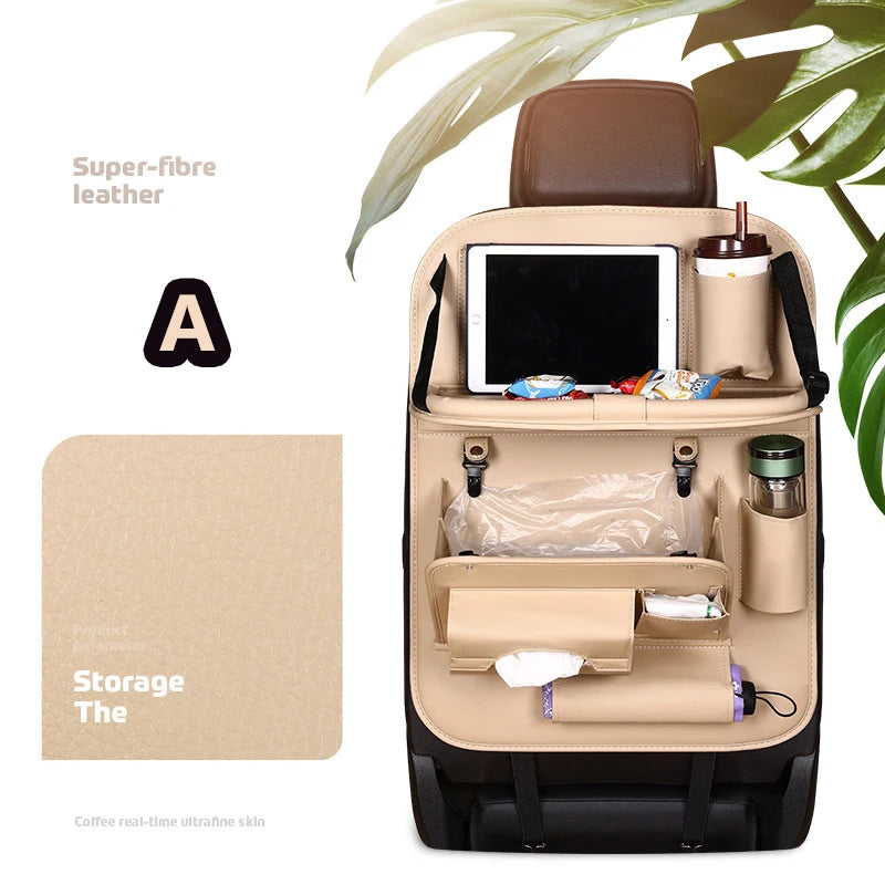Car Seat Back Organizer with Foldable Table Tray Multi-functional Storage Organizer Pockets Kick Mats Seat Interior Accessories