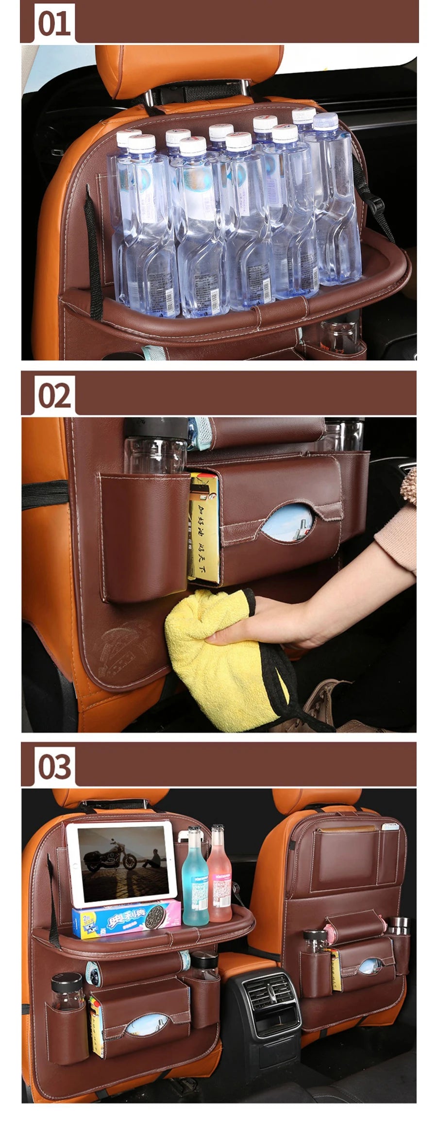 Car Seat Back Organizer with Foldable Table Tray Multi-functional Storage Organizer Pockets Kick Mats Seat Interior Accessories