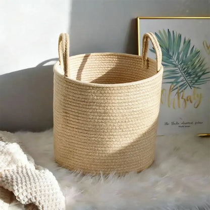 Handwoven Cotton Linen Laundry Basket with Handles, Foldable Storage Bin for Clothes, Toys, Towels, Home Organizer Bucket