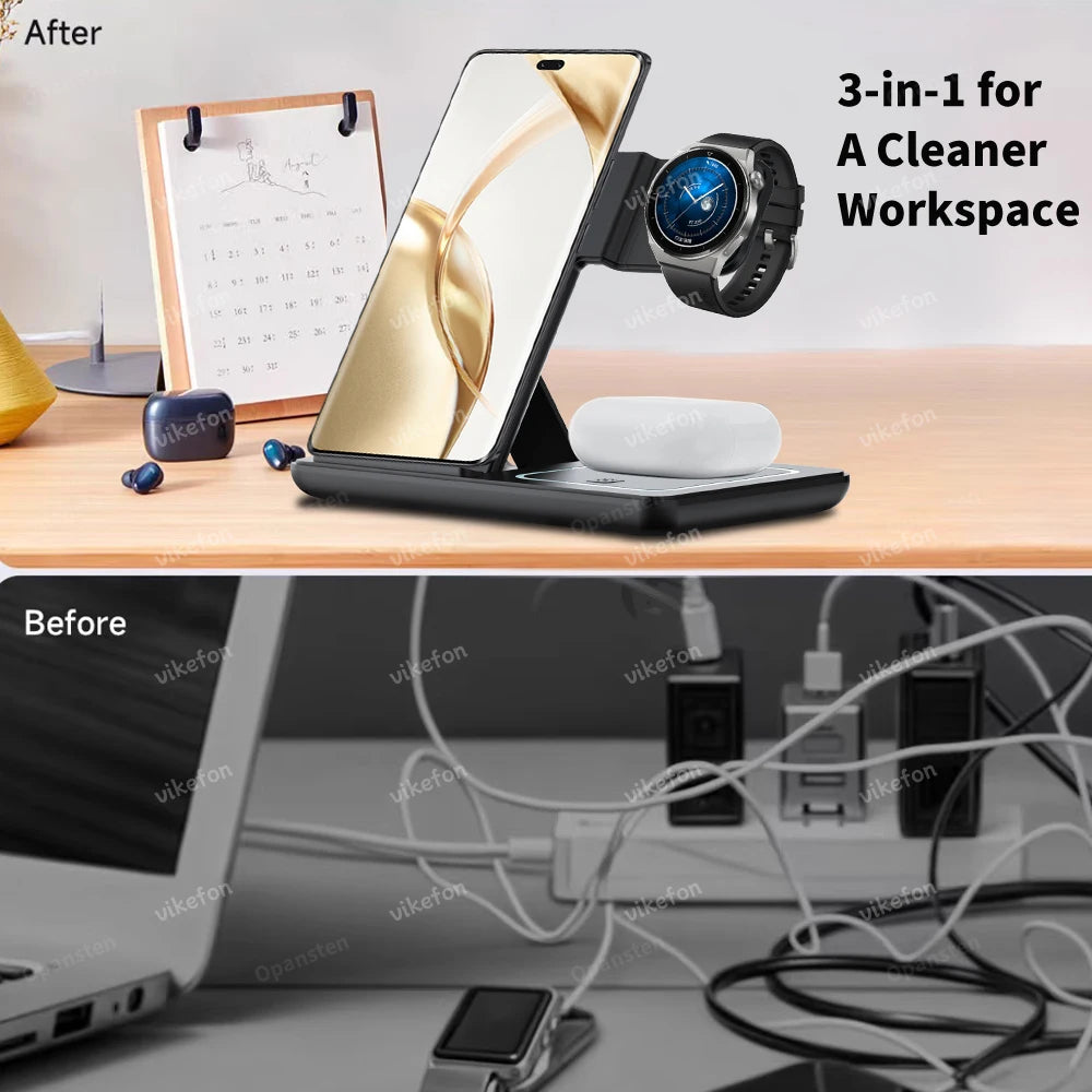 3 In 1 Foldable Wireless Charger Stand LED Fast Charging Station for Samsung S25 S24 S23 Galaxy Watch 2-8 Active Buds Pro