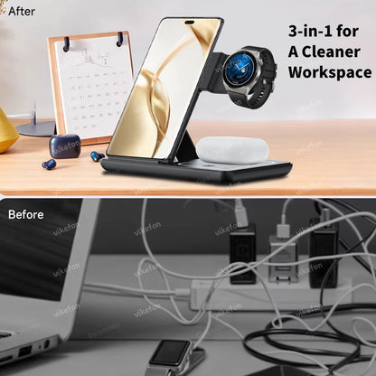 3 In 1 Foldable Wireless Charger Stand LED Fast Charging Station for Samsung S25 S24 S23 Galaxy Watch 2-8 Active Buds Pro