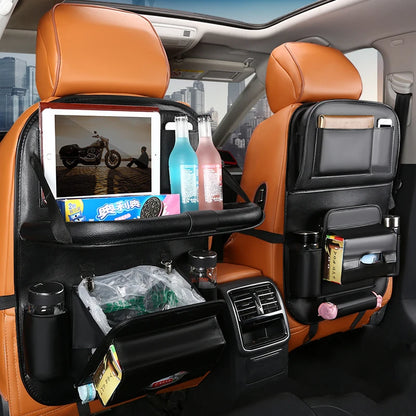 Car Seat Back Organizer with Foldable Table Tray Multi-functional Storage Organizer Pockets Kick Mats Seat Interior Accessories