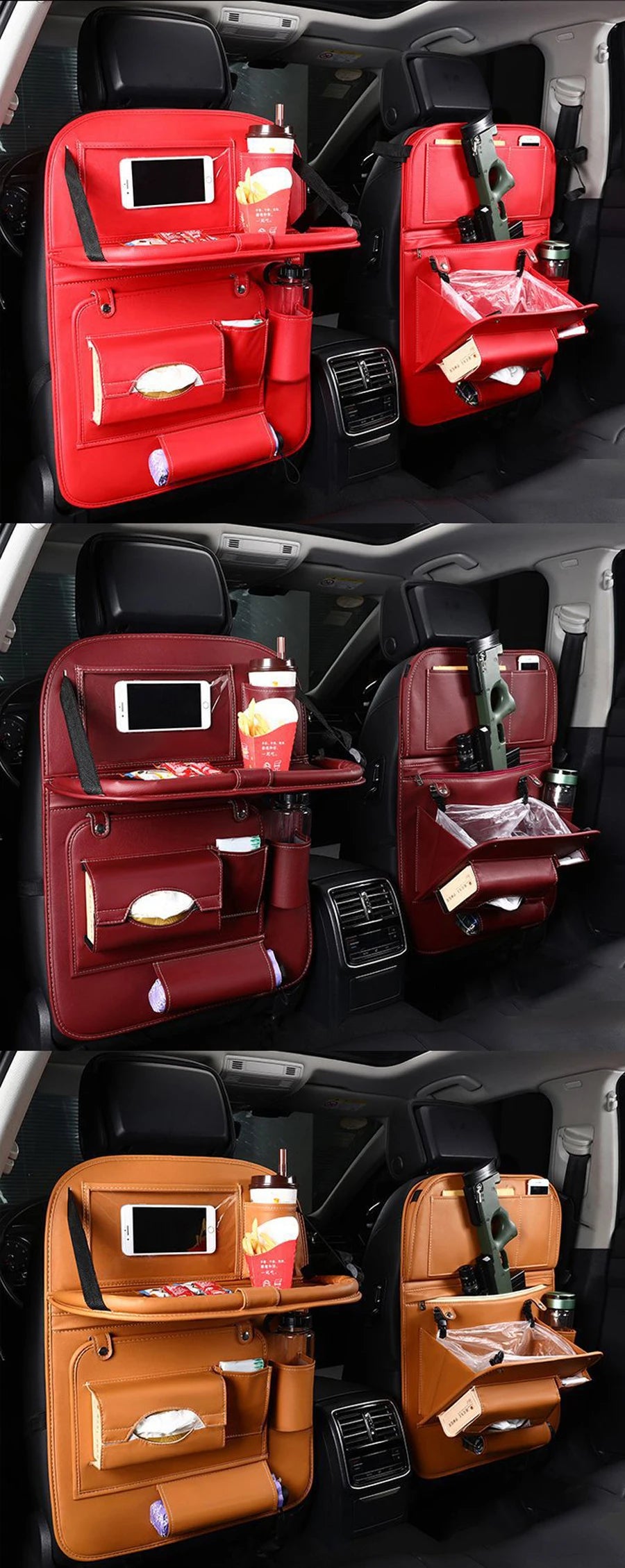 Car Seat Back Organizer with Foldable Table Tray Multi-functional Storage Organizer Pockets Kick Mats Seat Interior Accessories