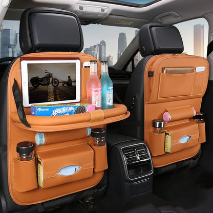 Car Seat Back Organizer with Foldable Table Tray Multi-functional Storage Organizer Pockets Kick Mats Seat Interior Accessories