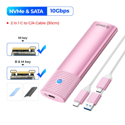 ORICO M2 NVMe SSD Enclosure 10Gbps PCIe M.2 NVMe SATA SSD Case Portable USB C 3.2Gen2 Tool Free External Adapter with Metal Heat