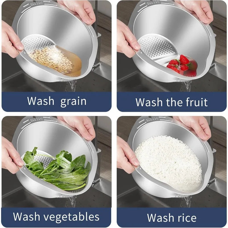 Stainless Steel Rice Bowl with Drain Hole Rice Vegetable Washing Basket Fruit Strainer Colander Basket Kitchen Drain Basket