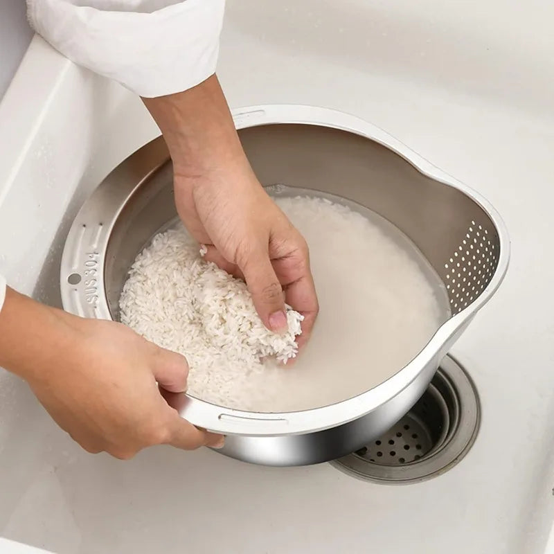Stainless Steel Rice Bowl with Drain Hole Rice Vegetable Washing Basket Fruit Strainer Colander Basket Kitchen Drain Basket