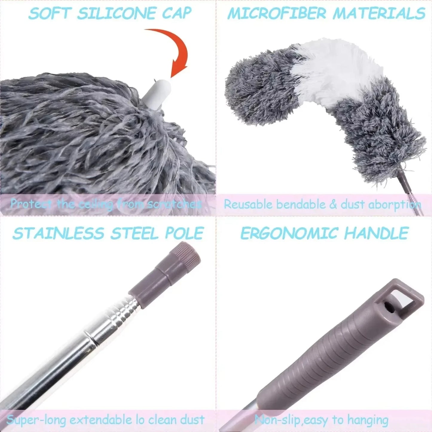 Retractable Microfiber Gap Dust Cleaner with Extension Pole Reusable Bendable Long Handle Feather Duster Kit for House Cleaning