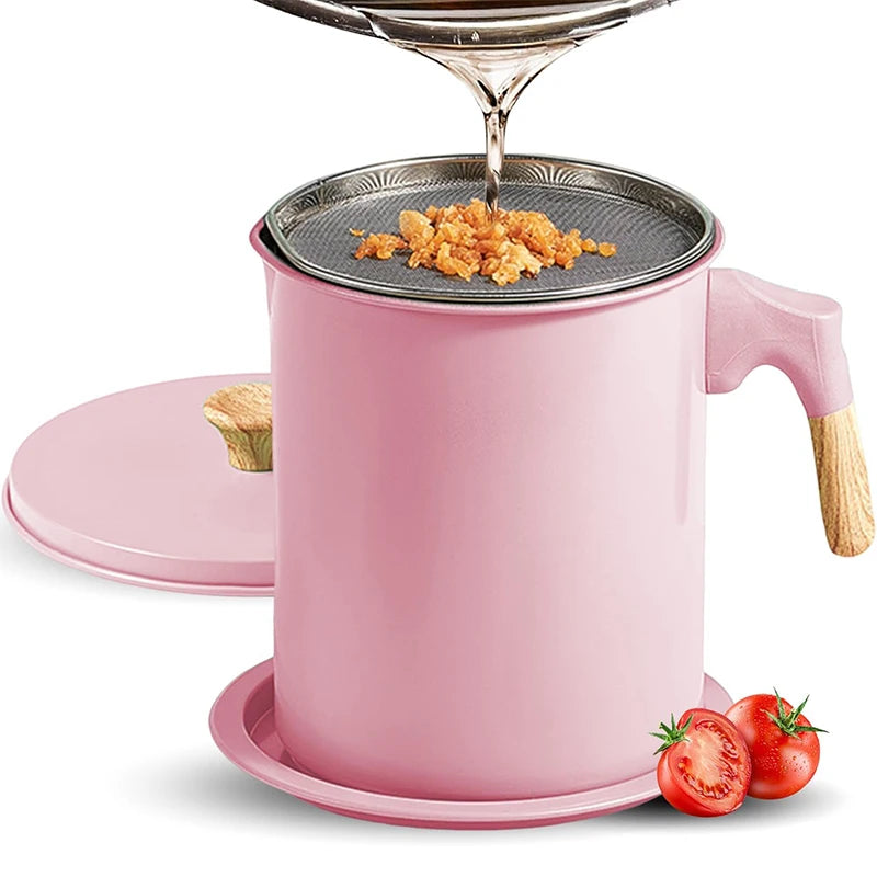 LMETJMA Bacon Grease Container with Strainer 1.4L Stainless Steel Oil Filter Pot Cooking Oil Storage Pot with Strainer JT403