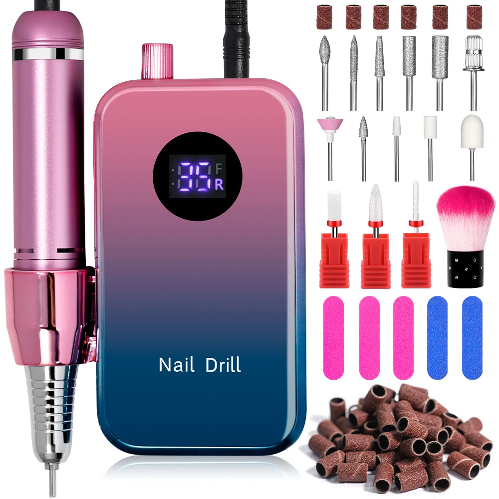 Professional 35000RPM Electric Nail Drill Rechargeable Electric Portable Nail Sander File Low Noise with Polishing Kit Tool