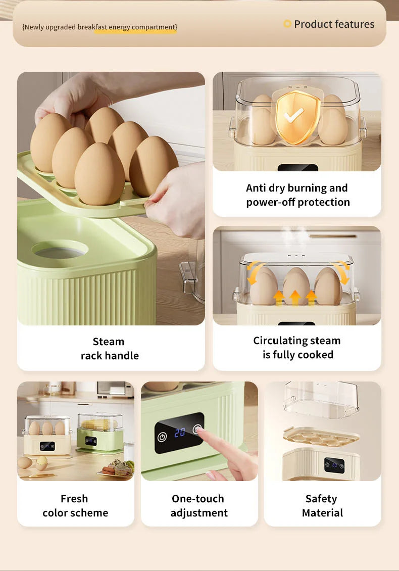 TINSOL Multifunctional Electric Egg Cooker Kitchen Breakfast Maker 200W High-Power Smart Egg Steamer with Timer Function