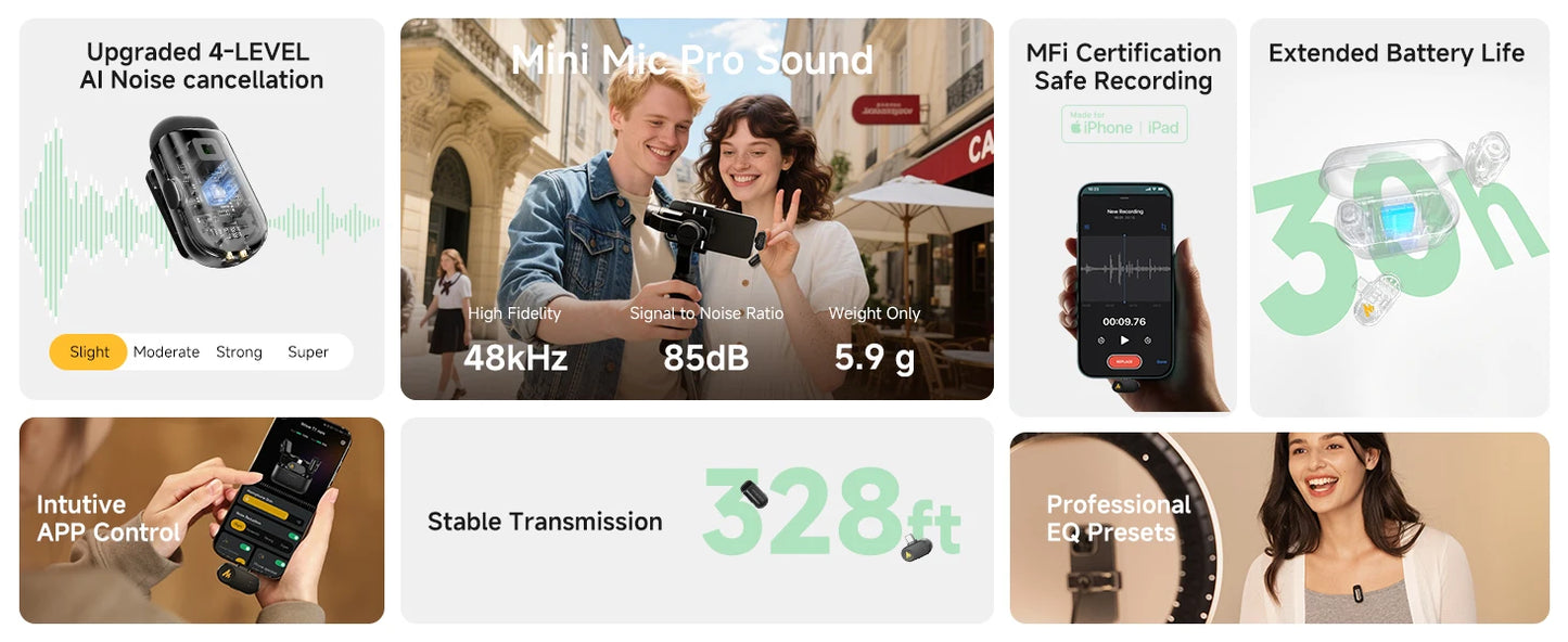 maono T1mini Wireless Lapel Microphone for Phone-Noise Cancellation Auto Clipping Function App Setting Audio Video Recording Mic