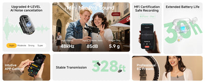 maono T1mini Wireless Lapel Microphone for Phone-Noise Cancellation Auto Clipping Function App Setting Audio Video Recording Mic