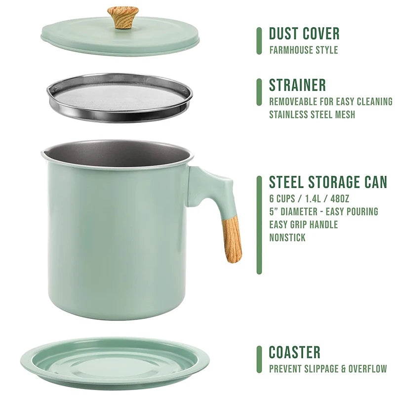 LMETJMA Bacon Grease Container with Strainer 1.4L Stainless Steel Oil Filter Pot Cooking Oil Storage Pot with Strainer JT403