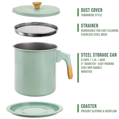 LMETJMA Bacon Grease Container with Strainer 1.4L Stainless Steel Oil Filter Pot Cooking Oil Storage Pot with Strainer JT403