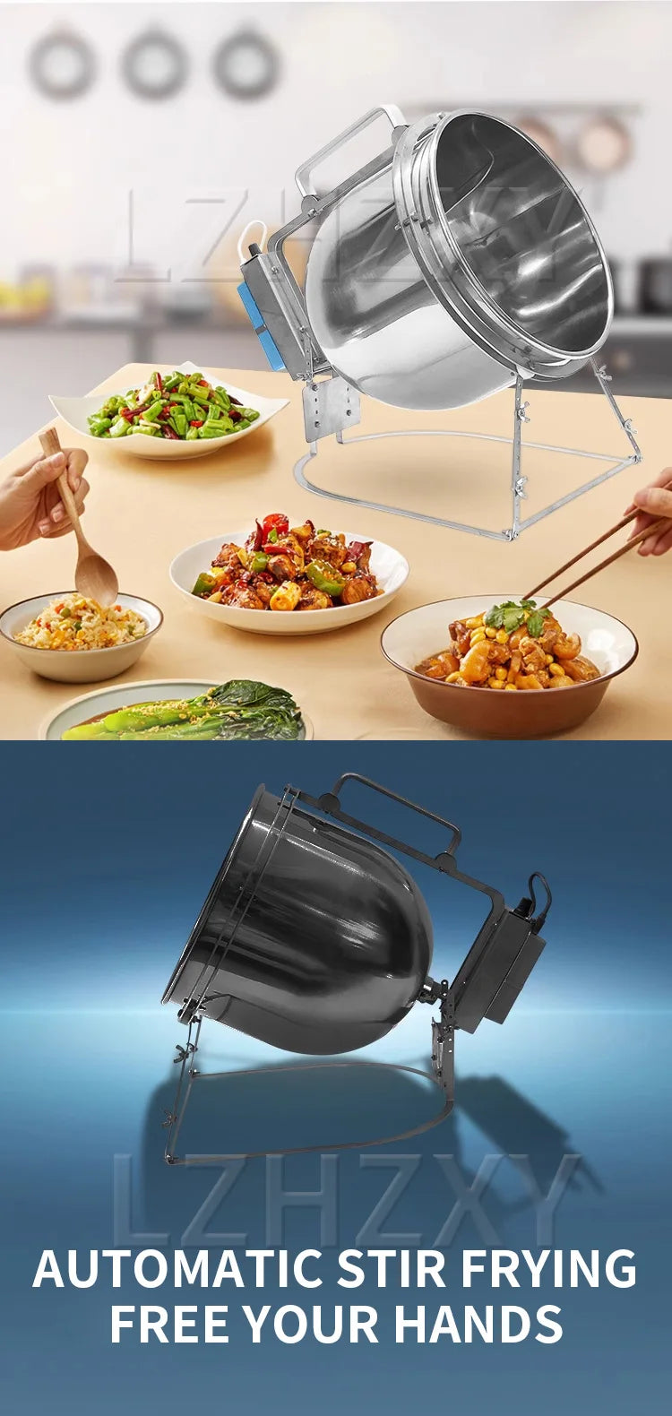 Stainless Steel Stir Fryer, Large Capacity Automatic Flipping and Cooking Machine, Home Outdoor Barbecue, Kitchen