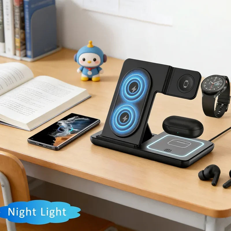 3 In 1 Foldable Wireless Charger Stand LED Fast Charging Station for Samsung S25 S24 S23 Galaxy Watch 2-8 Active Buds Pro
