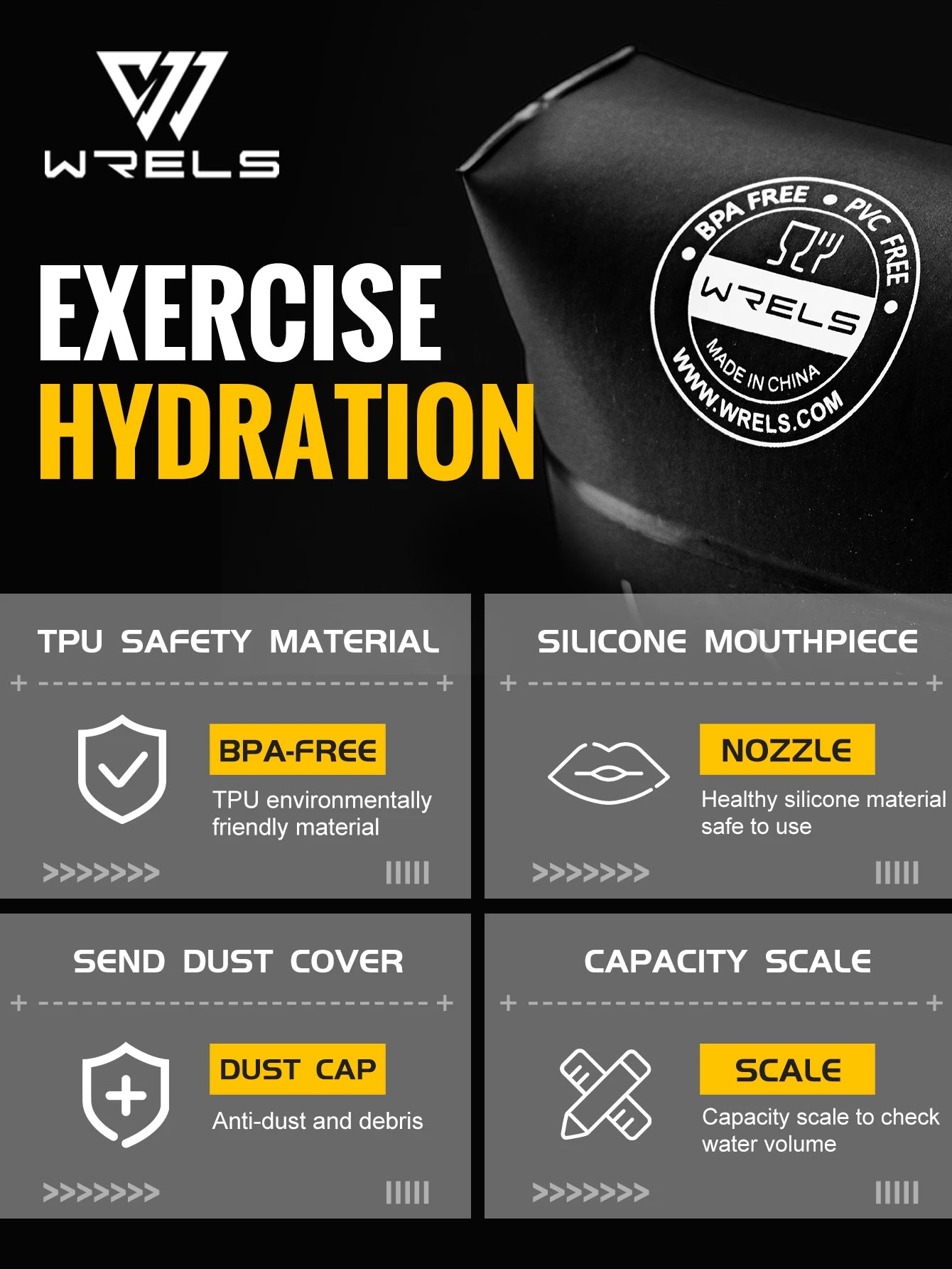 WRELS Sports Water Bottle Large Capacity Motivational Portable Water bottle Outdoor Sport Fitness BPA Free Folding Water Bottle