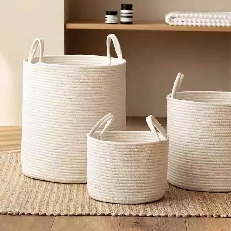 Handwoven Cotton Linen Laundry Basket with Handles, Foldable Storage Bin for Clothes, Toys, Towels, Home Organizer Bucket