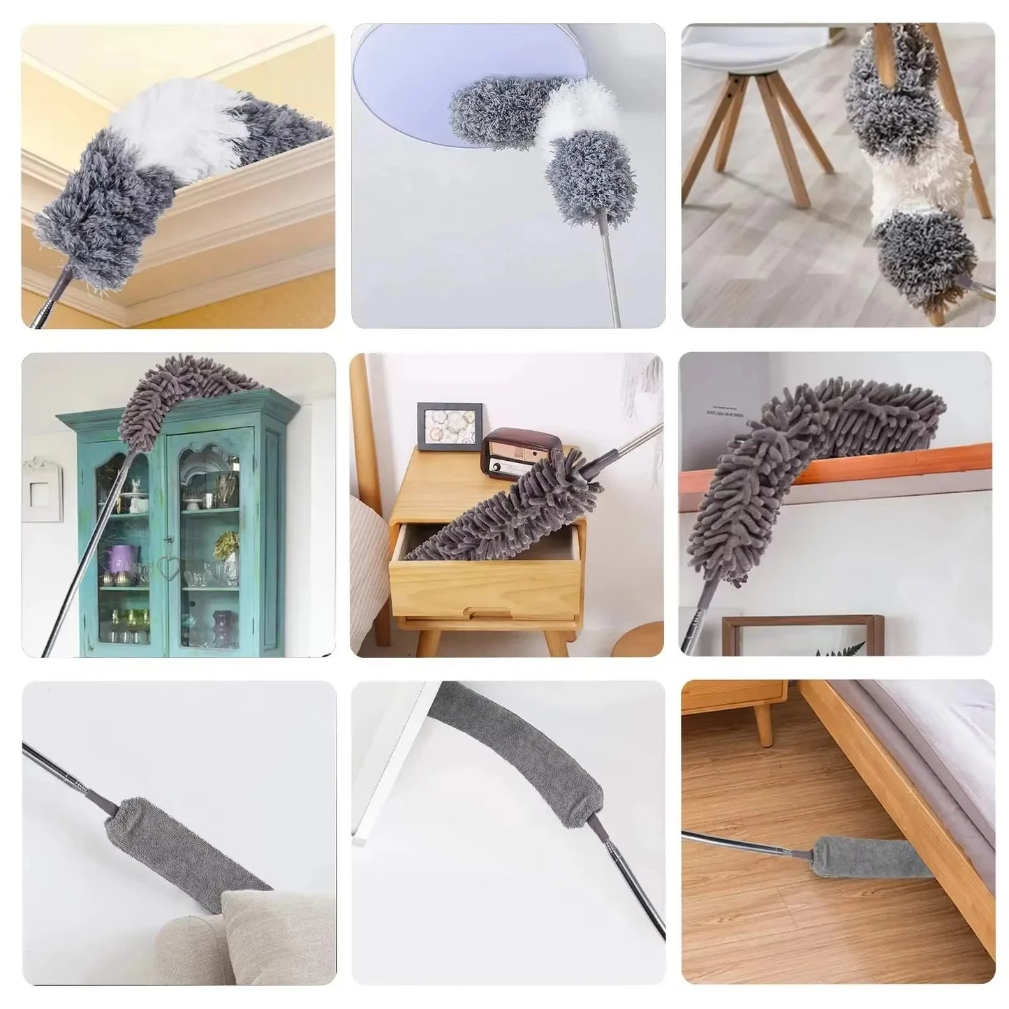 Retractable Microfiber Gap Dust Cleaner with Extension Pole Reusable Bendable Long Handle Feather Duster Kit for House Cleaning