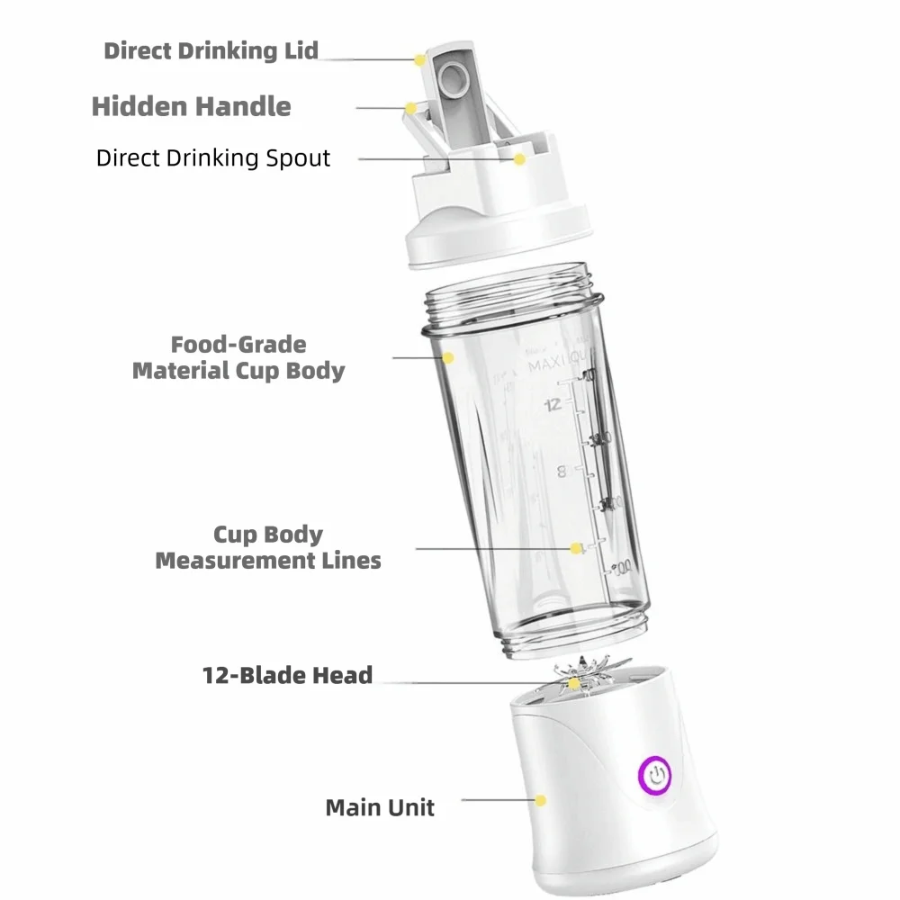 Portable 450ML Capacity Mini Blender Cup USB Charging Plastic Electric Fruit Juicer Cordless Small Fruit Extractor Cup Office