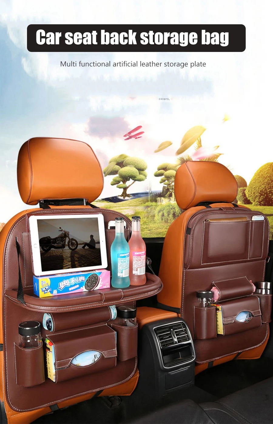 Car Seat Back Organizer with Foldable Table Tray Multi-functional Storage Organizer Pockets Kick Mats Seat Interior Accessories