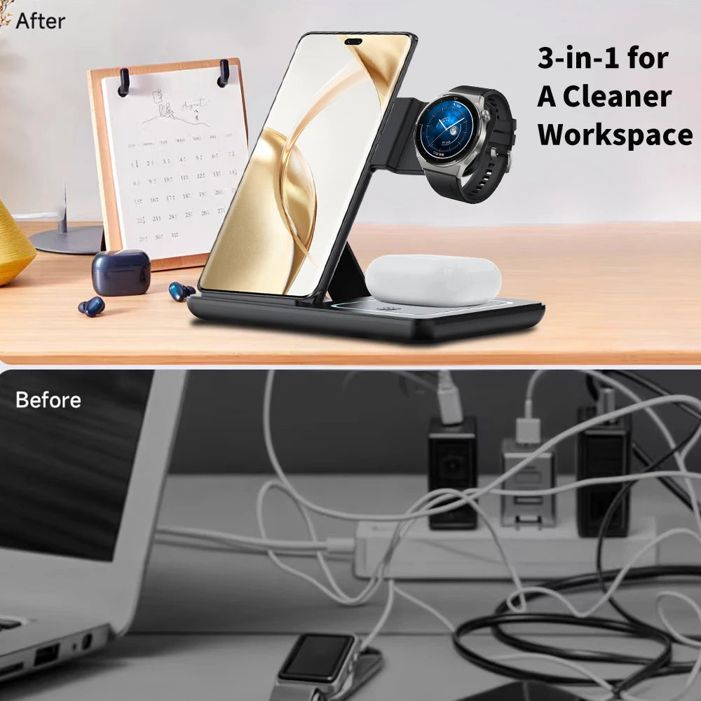 3 In 1 Foldable Wireless Charger Stand LED Fast Charging Station for Samsung S25 S24 S23 Galaxy Watch 2-8 Active Buds Pro