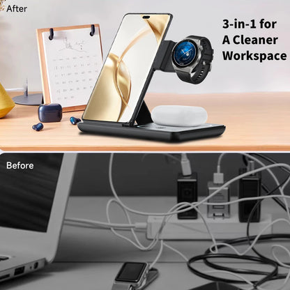 3 In 1 Foldable Wireless Charger Stand LED Fast Charging Station for Samsung S25 S24 S23 Galaxy Watch 2-8 Active Buds Pro