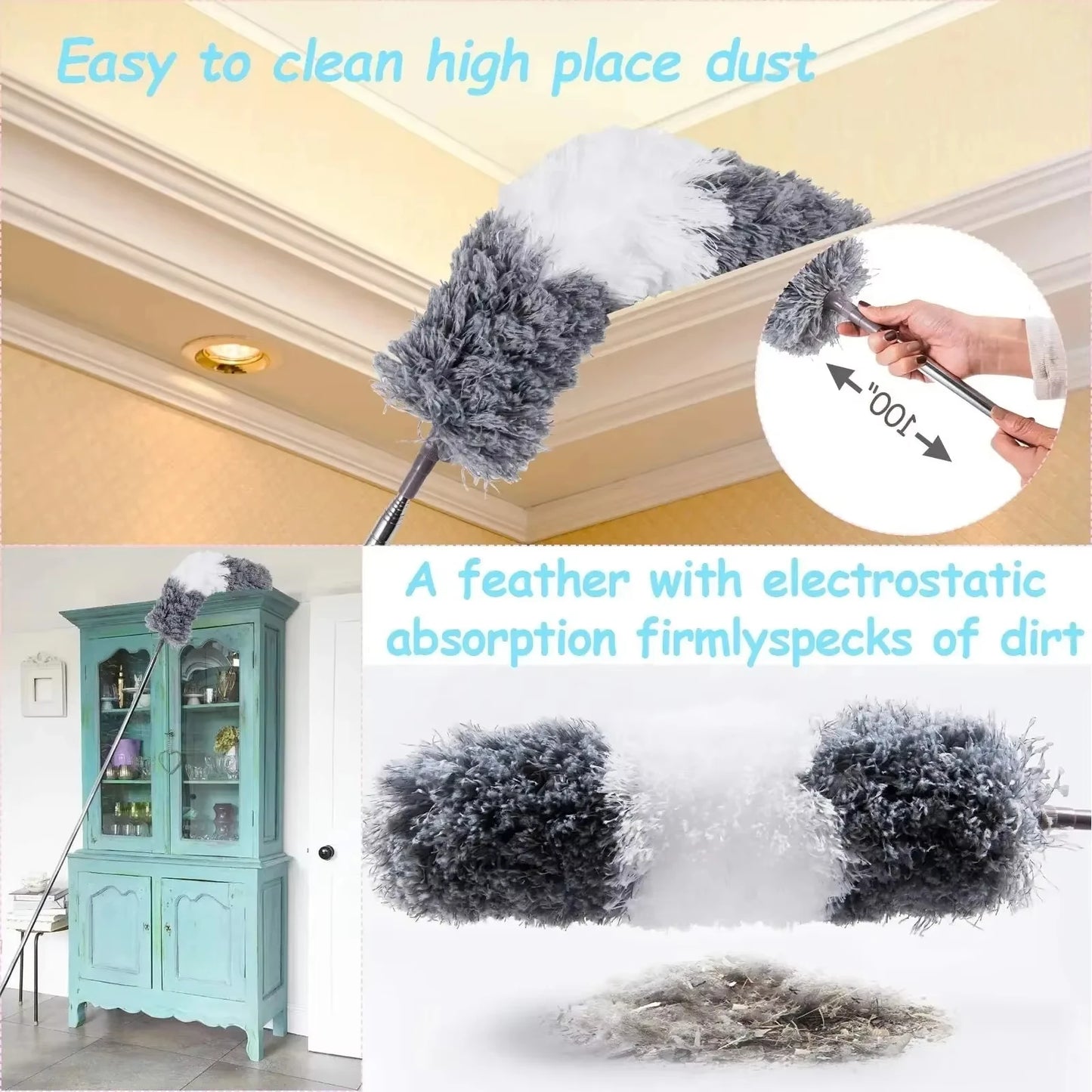 Retractable Microfiber Gap Dust Cleaner with Extension Pole Reusable Bendable Long Handle Feather Duster Kit for House Cleaning