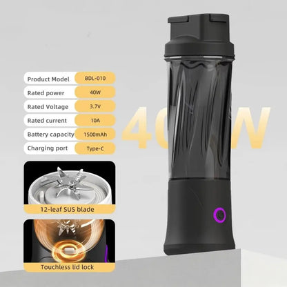 Portable 450ML Capacity Mini Blender Cup USB Charging Plastic Electric Fruit Juicer Cordless Small Fruit Extractor Cup Office