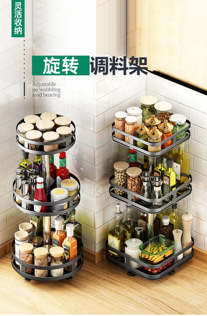 360°Rotation Spice Rack Non-Skid Organizer Jar Carbon Steel Storage Tray For Seasonings And Spices Cans For Kitchen Accessories