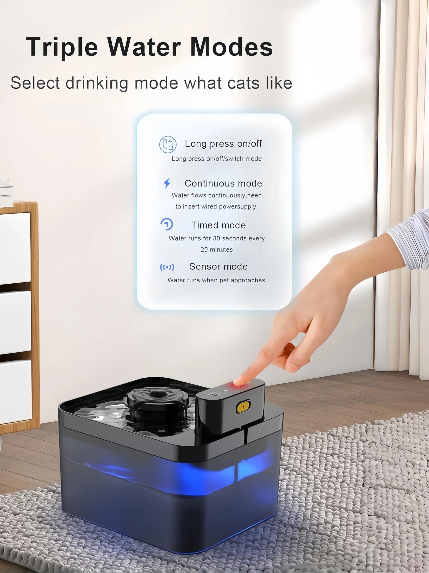 Smart Wireless Cat Water Fountain Cordless Rechargeable Battery Operated 2.2L Automatic Pet Water Dispenser with Motion Sensor
