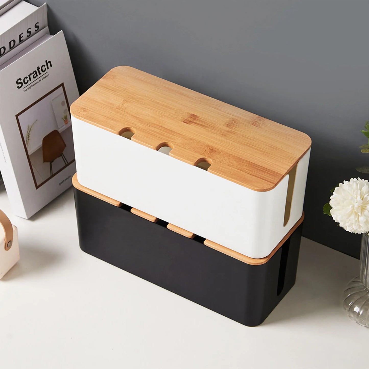 Large Cable Management Box – Wooden Style Cord Organizer and Cover for TV Wires, Computer, USB Hub and Under Desk Power Strip –