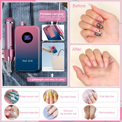 Professional 35000RPM Electric Nail Drill Rechargeable Electric Portable Nail Sander File Low Noise with Polishing Kit Tool