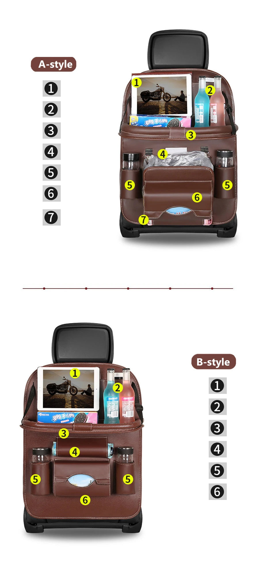 Car Seat Back Organizer with Foldable Table Tray Multi-functional Storage Organizer Pockets Kick Mats Seat Interior Accessories